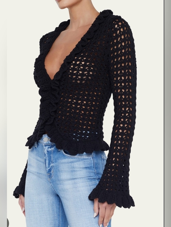 Tops - Womens Black Heavy Crotcheted Vneck Top Size Small